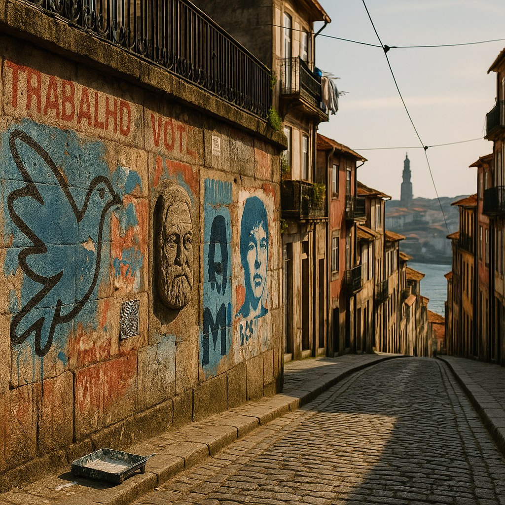 Close-up documentary photograph of a single Porto wall segment showing time and memory: cracked