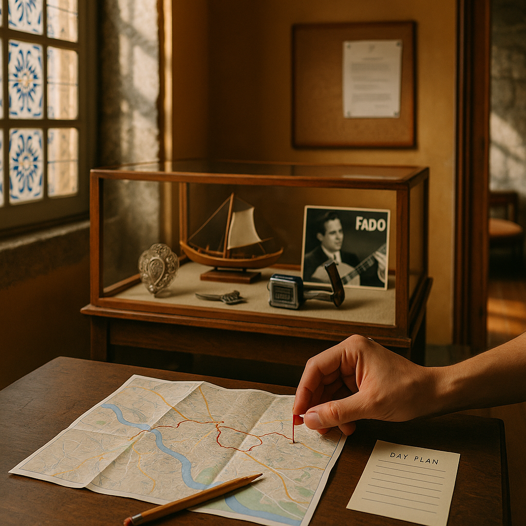 Flat-lay tabletop photograph of planning a route through Porto’s lesser-known museums: aged wooden table